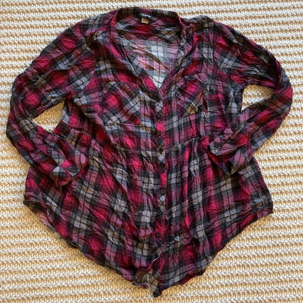 Torrid Womens Plaid Button-Up Blouse V-Neck Long Sleeve Size 2 Multicolor